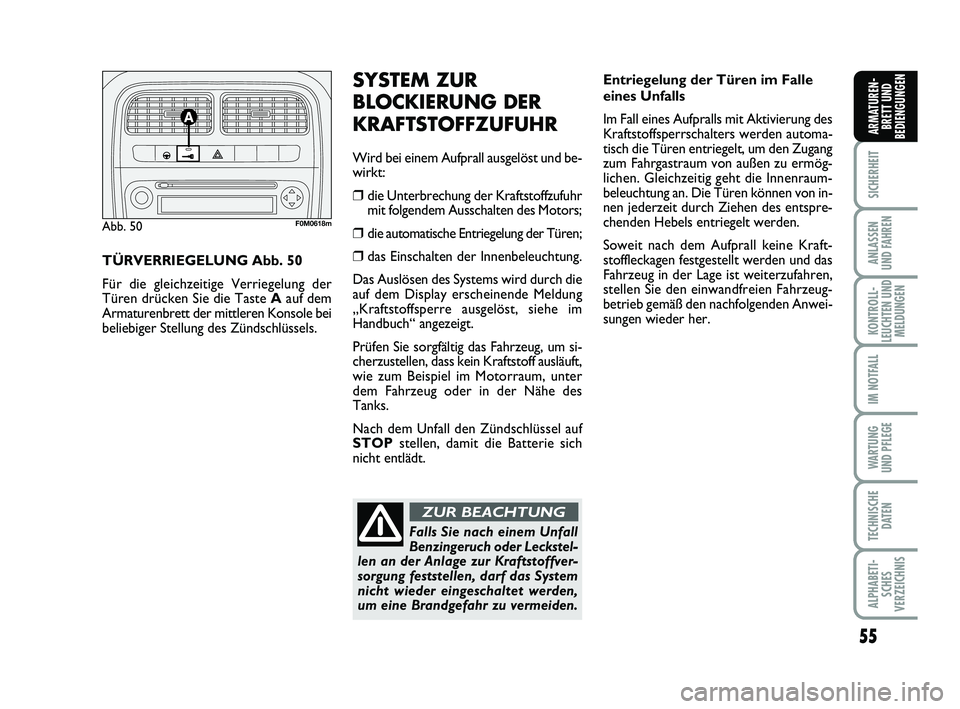FIAT PUNTO 2012  Betriebsanleitung (in German) 55
SICHERHEIT
ANLASSEN
UND FAHREN
KONTROLL-
LEUCHTEN UND MELDUNGEN
IM NOTFALL
WA RT U N G
UND PFLEGE
TECHNISCHE DATEN
ALPHABETI-SCHES
VERZEICHNIS
ARMATUREN- BRETT UND
BEDIENGUNGEN
Entriegelung der Tü