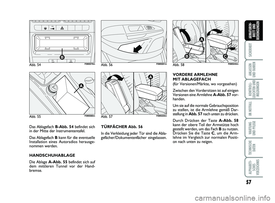 FIAT PUNTO 2012  Betriebsanleitung (in German) 57
SICHERHEIT
ANLASSEN
UND FAHREN
KONTROLL-
LEUCHTEN UND MELDUNGEN
IM NOTFALL
WA RT U N G
UND PFLEGE
TECHNISCHE DATEN
ALPHABETI-SCHES
VERZEICHNIS
ARMATUREN- BRETT UND
BEDIENGUNGEN
TÜRFÄCHER Abb. 56
