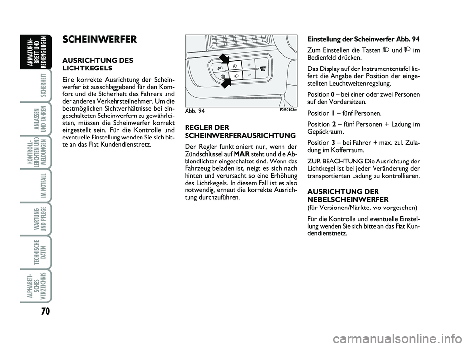 FIAT PUNTO 2012 Betriebsanleitung (in German) 70
SICHERHEIT
ANLASSEN
UND FAHREN
KONTROLL-
LEUCHTEN UND MELDUNGEN
IM NOTFALL
WA RT U N G
UND PFLEGE
TECHNISCHE DATEN
ALPHABETI-SCHES
VERZEICHNIS
ARMATUREN- BRETT UND
BEDIENGUNGEN
SCHEINWERFER
AUSRICH FIAT PUNTO 2012 Betriebsanleitung (in German) 70
SICHERHEIT
ANLASSEN
UND FAHREN
KONTROLL-
LEUCHTEN UND MELDUNGEN
IM NOTFALL
WA RT U N G
UND PFLEGE
TECHNISCHE DATEN
ALPHABETI-SCHES
VERZEICHNIS
ARMATUREN- BRETT UND
BEDIENGUNGEN
SCHEINWERFER
AUSRICH