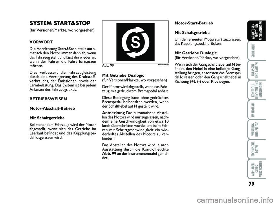 FIAT PUNTO 2012 Betriebsanleitung (in German) 79
SICHERHEIT
ANLASSEN
UND FAHREN
KONTROLL-
LEUCHTEN UND MELDUNGEN
IM NOTFALL
WA RT U N G
UND PFLEGE
TECHNISCHE DATEN
ALPHABETI-SCHES
VERZEICHNIS
ARMATUREN- BRETT UND
BEDIENGUNGEN
Abb. 99F0M0505m
SYST FIAT PUNTO 2012 Betriebsanleitung (in German) 79
SICHERHEIT
ANLASSEN
UND FAHREN
KONTROLL-
LEUCHTEN UND MELDUNGEN
IM NOTFALL
WA RT U N G
UND PFLEGE
TECHNISCHE DATEN
ALPHABETI-SCHES
VERZEICHNIS
ARMATUREN- BRETT UND
BEDIENGUNGEN
Abb. 99F0M0505m
SYST