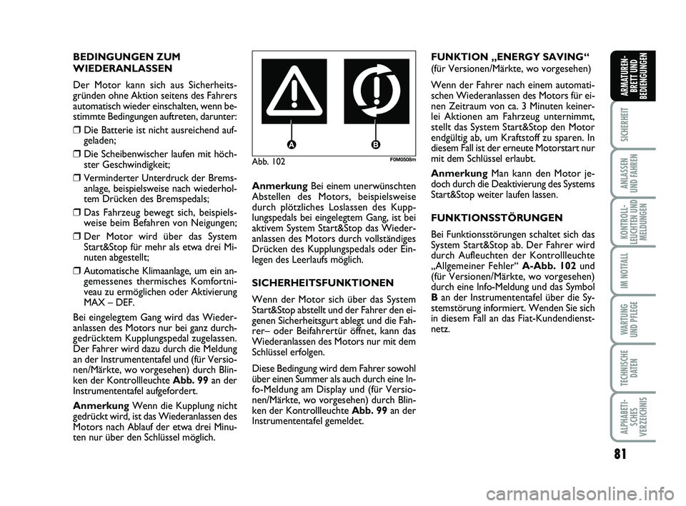 FIAT PUNTO 2012 Betriebsanleitung (in German) 81
SICHERHEIT
ANLASSEN
UND FAHREN
KONTROLL-
LEUCHTEN UND MELDUNGEN
IM NOTFALL
WA RT U N G
UND PFLEGE
TECHNISCHE DATEN
ALPHABETI-SCHES
VERZEICHNIS
ARMATUREN- BRETT UND
BEDIENGUNGEN
Abb. 102F0M0508m
BED FIAT PUNTO 2012 Betriebsanleitung (in German) 81
SICHERHEIT
ANLASSEN
UND FAHREN
KONTROLL-
LEUCHTEN UND MELDUNGEN
IM NOTFALL
WA RT U N G
UND PFLEGE
TECHNISCHE DATEN
ALPHABETI-SCHES
VERZEICHNIS
ARMATUREN- BRETT UND
BEDIENGUNGEN
Abb. 102F0M0508m
BED