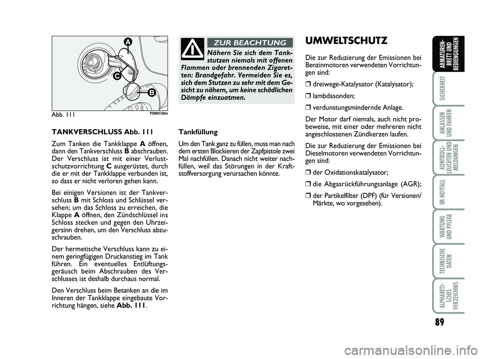 FIAT PUNTO 2012  Betriebsanleitung (in German) 89
SICHERHEIT
ANLASSEN
UND FAHREN
KONTROLL-
LEUCHTEN UND MELDUNGEN
IM NOTFALL
WA RT U N G
UND PFLEGE
TECHNISCHE DATEN
ALPHABETI-SCHES
VERZEICHNIS
ARMATUREN- BRETT UND
BEDIENGUNGEN
TANKVERSCHLUSS Abb. 