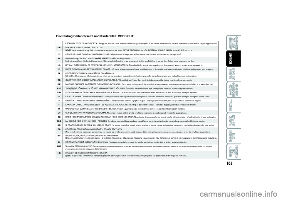 FIAT PUNTO 2014  Betriebsanleitung (in German) 105
ANLASSEN
UND FAHRENKONTROLL-
LEUCHTEN UND
MELDUNGENIM NOTFALLWARTUNG
UND PFLEGETECHNISCHE
DATENALPHABETI-
SCHES
VERZEICHNISARMATUREN-
BRETT UND
BEDIENGUNGENSICHERHEIT
Frontairbag Beifahrerseite un