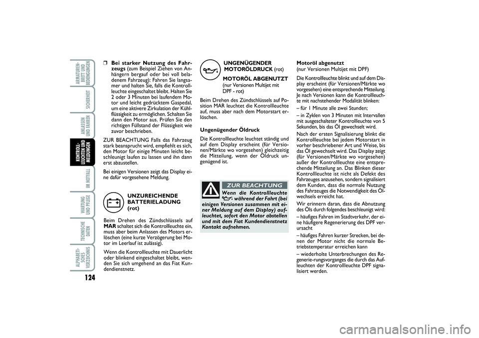 FIAT PUNTO 2014 Betriebsanleitung (in German) 124IM NOTFALLWA RT U N G
UND PFLEGETECHNISCHE
DATENALPHABETI-
SCHES
VERZEICHNISARMATUREN-
BRETT UND
BEDIENGUNGEN
SICHERHEITANLASSEN
UND FAHRENKONTROLL-
LEUCHTEN UND
MELDUNGEN
UNGENÜGENDER
MOTORÖLDRU FIAT PUNTO 2014 Betriebsanleitung (in German) 124IM NOTFALLWA RT U N G
UND PFLEGETECHNISCHE
DATENALPHABETI-
SCHES
VERZEICHNISARMATUREN-
BRETT UND
BEDIENGUNGEN
SICHERHEITANLASSEN
UND FAHRENKONTROLL-
LEUCHTEN UND
MELDUNGEN
UNGENÜGENDER
MOTORÖLDRU