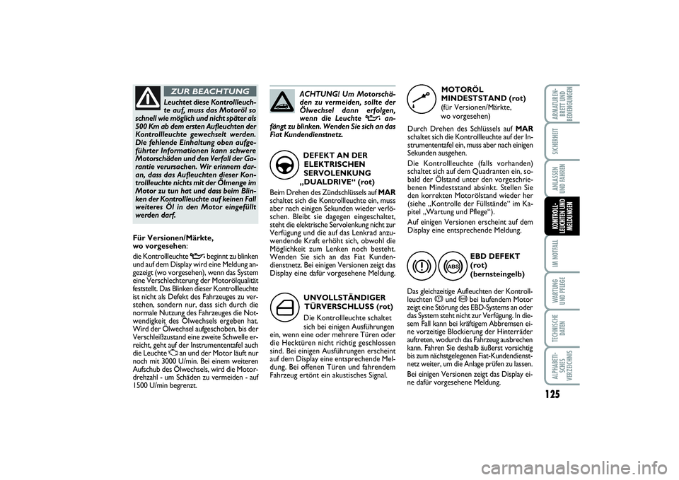 FIAT PUNTO 2014 Betriebsanleitung (in German) 125
IM NOTFALLWA RT U N G
UND PFLEGETECHNISCHE
DATENALPHABETI-
SCHES
VERZEICHNISARMATUREN-
BRETT UND
BEDIENGUNGENSICHERHEITANLASSEN
UND FAHRENKONTROLL-
LEUCHTEN UND
MELDUNGEN
UNVOLLSTÄNDIGER
TÜRVERS FIAT PUNTO 2014 Betriebsanleitung (in German) 125
IM NOTFALLWA RT U N G
UND PFLEGETECHNISCHE
DATENALPHABETI-
SCHES
VERZEICHNISARMATUREN-
BRETT UND
BEDIENGUNGENSICHERHEITANLASSEN
UND FAHRENKONTROLL-
LEUCHTEN UND
MELDUNGEN
UNVOLLSTÄNDIGER
TÜRVERS
