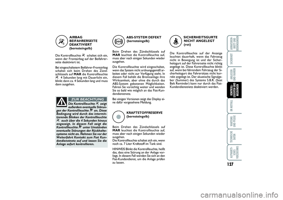 FIAT PUNTO 2014 Betriebsanleitung (in German) 127
IM NOTFALLWA RT U N G
UND PFLEGETECHNISCHE
DATENALPHABETI-
SCHES
VERZEICHNISARMATUREN-
BRETT UND
BEDIENGUNGENSICHERHEITANLASSEN
UND FAHRENKONTROLL-
LEUCHTEN UND
MELDUNGEN
ç
KRAFTSTOFFRESERVE
(ber FIAT PUNTO 2014 Betriebsanleitung (in German) 127
IM NOTFALLWA RT U N G
UND PFLEGETECHNISCHE
DATENALPHABETI-
SCHES
VERZEICHNISARMATUREN-
BRETT UND
BEDIENGUNGENSICHERHEITANLASSEN
UND FAHRENKONTROLL-
LEUCHTEN UND
MELDUNGEN
ç
KRAFTSTOFFRESERVE
(ber