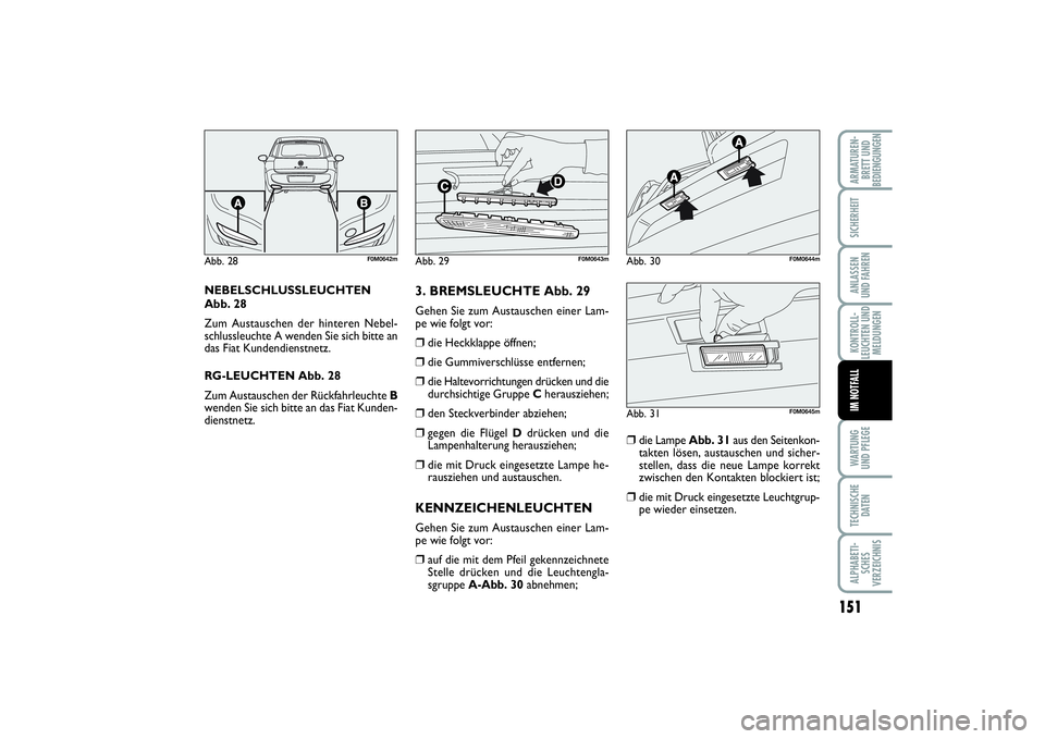 FIAT PUNTO 2014 Betriebsanleitung (in German) 151
WA RT U N G
UND PFLEGETECHNISCHE
DATENALPHABETI-
SCHES
VERZEICHNISARMATUREN-
BRETT UND
BEDIENGUNGENSICHERHEITANLASSEN
UND FAHRENKONTROLL-
LEUCHTEN UND
MELDUNGENIM NOTFALL
NEBELSCHLUSSLEUCHTEN
Abb. FIAT PUNTO 2014 Betriebsanleitung (in German) 151
WA RT U N G
UND PFLEGETECHNISCHE
DATENALPHABETI-
SCHES
VERZEICHNISARMATUREN-
BRETT UND
BEDIENGUNGENSICHERHEITANLASSEN
UND FAHRENKONTROLL-
LEUCHTEN UND
MELDUNGENIM NOTFALL
NEBELSCHLUSSLEUCHTEN
Abb.