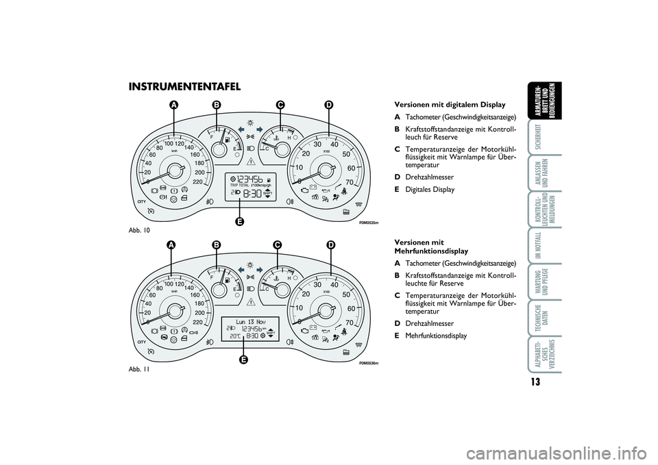 FIAT PUNTO 2014 Betriebsanleitung (in German) 13
SICHERHEITANLASSEN
UND FAHRENKONTROLL-
LEUCHTEN UND
MELDUNGENIM NOTFALLWA RT U N G
UND PFLEGETECHNISCHE
DATENALPHABETI-
SCHES
VERZEICHNISARMATUREN-
BRETT UND
BEDIENGUNGEN
INSTRUMENTENTAFEL
Versione FIAT PUNTO 2014 Betriebsanleitung (in German) 13
SICHERHEITANLASSEN
UND FAHRENKONTROLL-
LEUCHTEN UND
MELDUNGENIM NOTFALLWA RT U N G
UND PFLEGETECHNISCHE
DATENALPHABETI-
SCHES
VERZEICHNISARMATUREN-
BRETT UND
BEDIENGUNGEN
INSTRUMENTENTAFEL
Versione