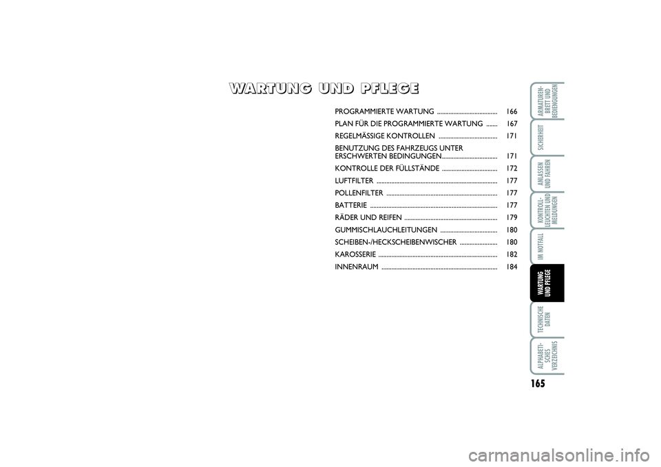 FIAT PUNTO 2014 Betriebsanleitung (in German) 165
TECHNISCHE
DATENALPHABETI-
SCHES
VERZEICHNISARMATUREN-
BRETT UND
BEDIENGUNGENSICHERHEITANLASSEN
UND FAHRENKONTROLL-
LEUCHTEN UND
MELDUNGENIM NOTFALLWARTUNG
UND PFLEGE
PROGRAMMIERTE WARTUNG ....... FIAT PUNTO 2014 Betriebsanleitung (in German) 165
TECHNISCHE
DATENALPHABETI-
SCHES
VERZEICHNISARMATUREN-
BRETT UND
BEDIENGUNGENSICHERHEITANLASSEN
UND FAHRENKONTROLL-
LEUCHTEN UND
MELDUNGENIM NOTFALLWARTUNG
UND PFLEGE
PROGRAMMIERTE WARTUNG .......