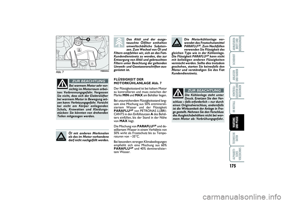 FIAT PUNTO 2014 Betriebsanleitung (in German) 175
TECHNISCHE
DATENALPHABETI-
SCHES
VERZEICHNISARMATUREN-
BRETT UND
BEDIENGUNGENSICHERHEITANLASSEN
UND FAHRENKONTROLL-
LEUCHTEN UND
MELDUNGENIM NOTFALLWARTUNG
UND PFLEGE
Abb. 7
Die Motorkühlanlage v FIAT PUNTO 2014 Betriebsanleitung (in German) 175
TECHNISCHE
DATENALPHABETI-
SCHES
VERZEICHNISARMATUREN-
BRETT UND
BEDIENGUNGENSICHERHEITANLASSEN
UND FAHRENKONTROLL-
LEUCHTEN UND
MELDUNGENIM NOTFALLWARTUNG
UND PFLEGE
Abb. 7
Die Motorkühlanlage v