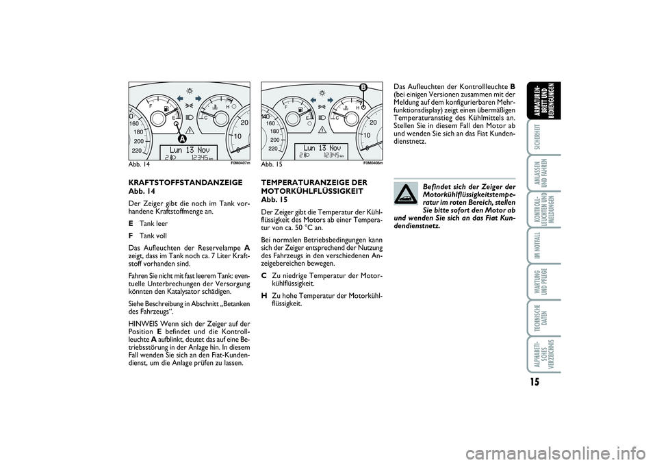 FIAT PUNTO 2014 Betriebsanleitung (in German) 15
SICHERHEITANLASSEN
UND FAHRENKONTROLL-
LEUCHTEN UND
MELDUNGENIM NOTFALLWA RT U N G
UND PFLEGETECHNISCHE
DATENALPHABETI-
SCHES
VERZEICHNISARMATUREN-
BRETT UND
BEDIENGUNGEN
KRAFTSTOFFSTANDANZEIGE
Abb FIAT PUNTO 2014 Betriebsanleitung (in German) 15
SICHERHEITANLASSEN
UND FAHRENKONTROLL-
LEUCHTEN UND
MELDUNGENIM NOTFALLWA RT U N G
UND PFLEGETECHNISCHE
DATENALPHABETI-
SCHES
VERZEICHNISARMATUREN-
BRETT UND
BEDIENGUNGEN
KRAFTSTOFFSTANDANZEIGE
Abb