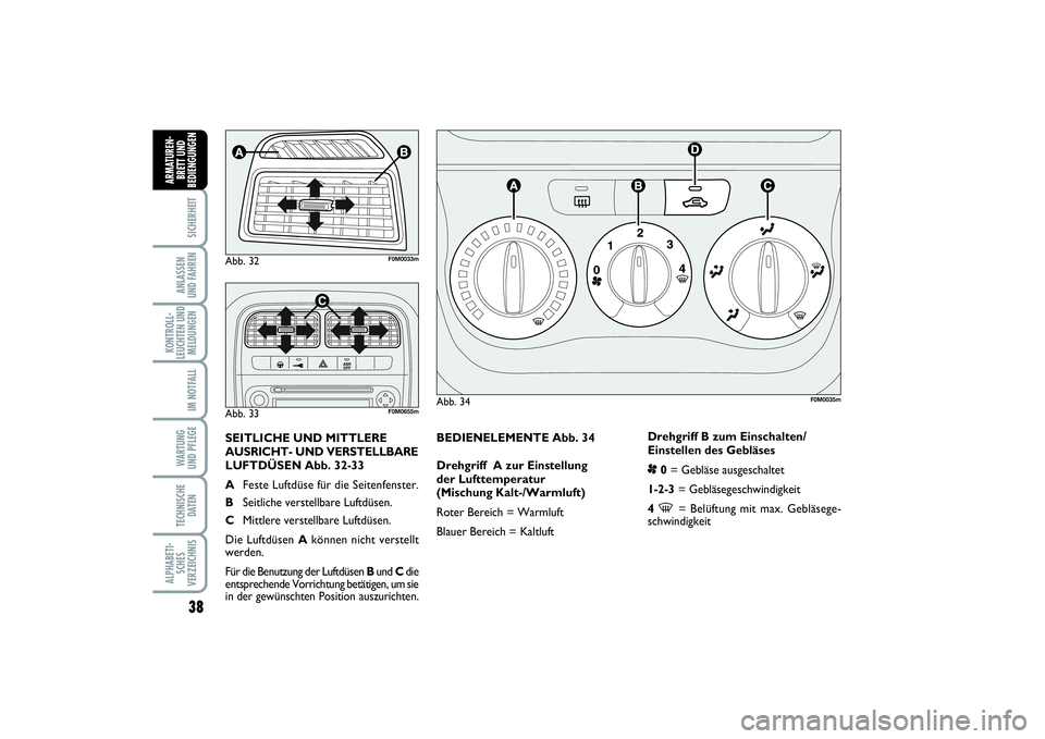 FIAT PUNTO 2014 Betriebsanleitung (in German) 38SICHERHEITANLASSEN
UND FAHRENKONTROLL-
LEUCHTEN UND
MELDUNGEN
IM NOTFALLWA RT U N G
UND PFLEGETECHNISCHE
DATENALPHABETI-
SCHES
VERZEICHNISARMATUREN-
BRETT UND
BEDIENGUNGEN
BEDIENELEMENTE Abb. 34
Dre FIAT PUNTO 2014 Betriebsanleitung (in German) 38SICHERHEITANLASSEN
UND FAHRENKONTROLL-
LEUCHTEN UND
MELDUNGEN
IM NOTFALLWA RT U N G
UND PFLEGETECHNISCHE
DATENALPHABETI-
SCHES
VERZEICHNISARMATUREN-
BRETT UND
BEDIENGUNGEN
BEDIENELEMENTE Abb. 34
Dre