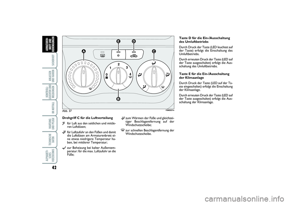 FIAT PUNTO 2014 Betriebsanleitung (in German) 42SICHERHEITANLASSEN
UND FAHRENKONTROLL-
LEUCHTEN UND
MELDUNGEN
IM NOTFALLWA RT U N G
UND PFLEGETECHNISCHE
DATENALPHABETI-
SCHES
VERZEICHNISARMATUREN-
BRETT UND
BEDIENGUNGEN
Drehgriff C für die Luftv FIAT PUNTO 2014 Betriebsanleitung (in German) 42SICHERHEITANLASSEN
UND FAHRENKONTROLL-
LEUCHTEN UND
MELDUNGEN
IM NOTFALLWA RT U N G
UND PFLEGETECHNISCHE
DATENALPHABETI-
SCHES
VERZEICHNISARMATUREN-
BRETT UND
BEDIENGUNGEN
Drehgriff C für die Luftv