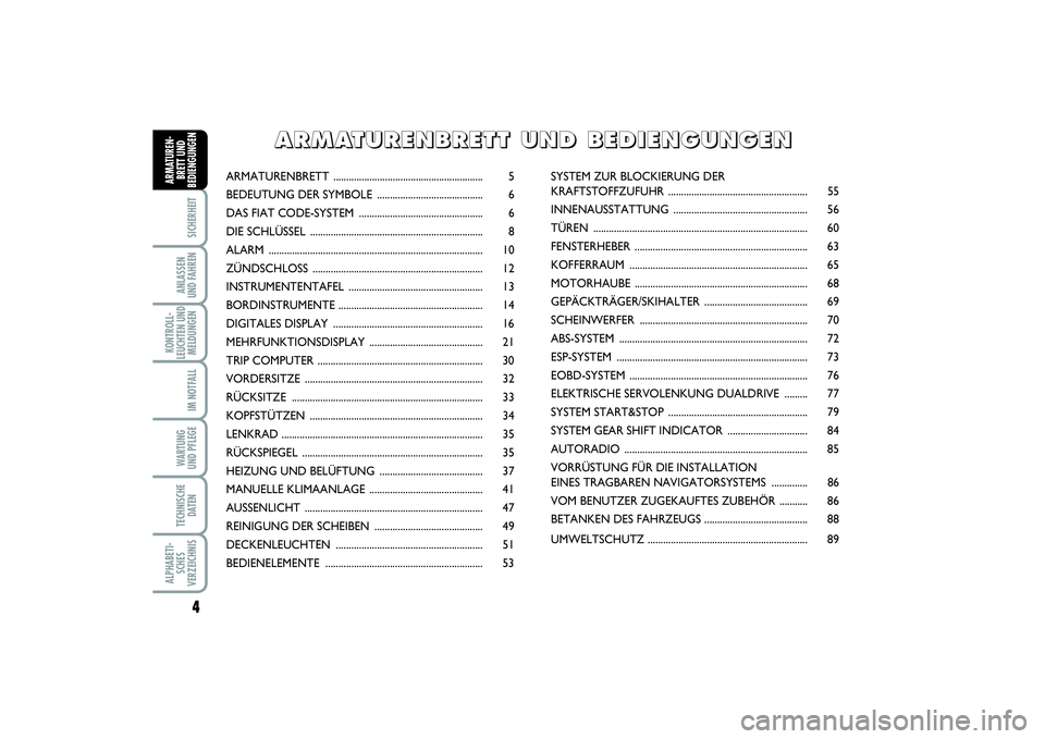 FIAT PUNTO 2014  Betriebsanleitung (in German) 4SICHERHEITANLASSEN
UND FAHRENKONTROLL-
LEUCHTEN UND
MELDUNGEN
IM NOTFALLWARTUNG
UND PFLEGETECHNISCHE
DATENALPHABETI-
SCHES
VERZEICHNISARMATUREN-
BRETT UND
BEDIENGUNGEN
ARMATURENBRETT.................