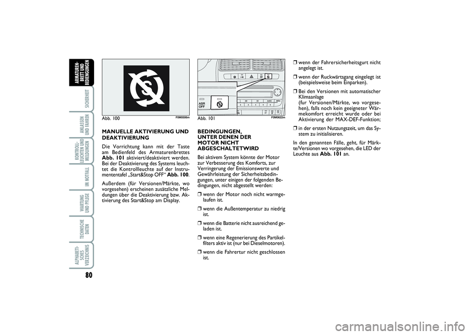FIAT PUNTO 2014  Betriebsanleitung (in German) 80SICHERHEITANLASSEN
UND FAHRENKONTROLL-
LEUCHTEN UND
MELDUNGEN
IM NOTFALLWA RT U N G
UND PFLEGETECHNISCHE
DATENALPHABETI-
SCHES
VERZEICHNISARMATUREN-
BRETT UND
BEDIENGUNGEN
Abb. 100
F0M0506m
Abb. 101