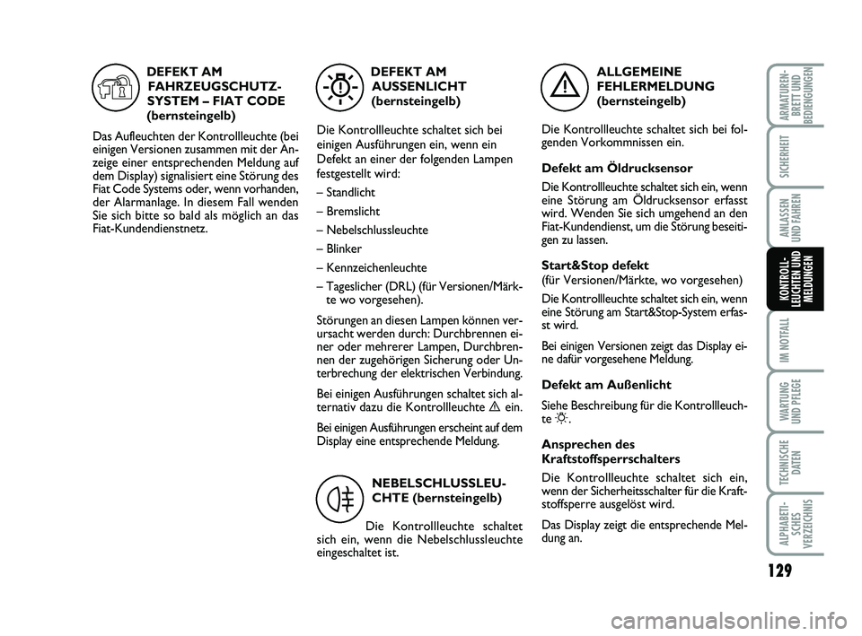 FIAT PUNTO 2020  Betriebsanleitung (in German) 129
IM NOTFALL
WA RT U N G
UND PFLEGE
TECHNISCHE DATEN
ALPHABETI-SCHES
VERZEICHNIS
ARMATUREN- BRETT UND
BEDIENGUNGEN
SICHERHEIT
ANLASSEN
UND FAHREN
KONTROLL-
LEUCHTEN UND MELDUNGEN
ALLGEMEINE
FEHLERME