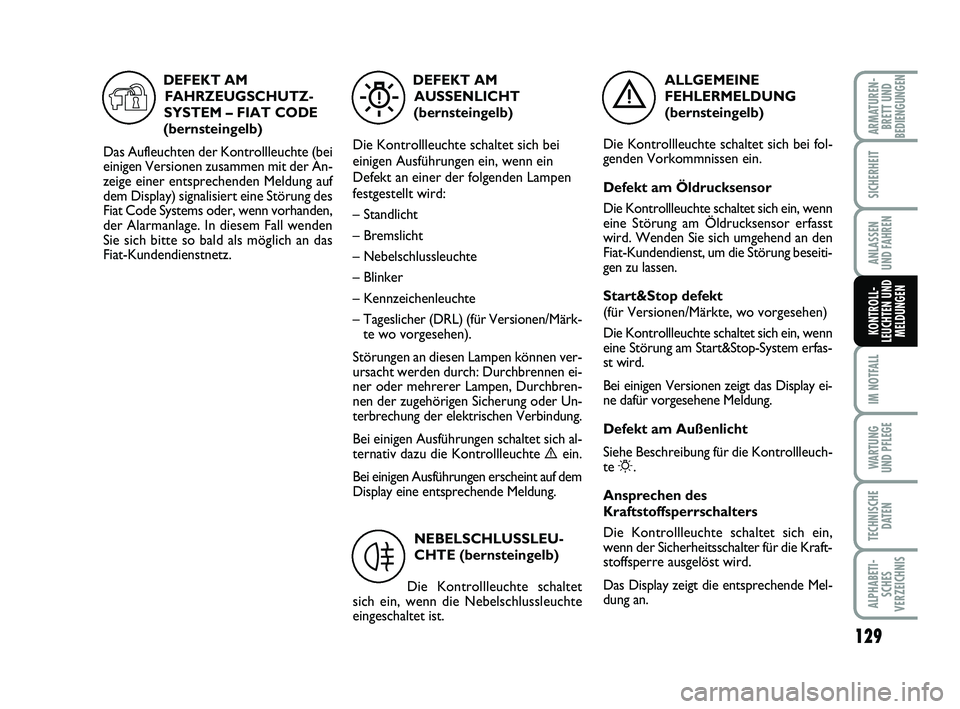 FIAT PUNTO 2016  Betriebsanleitung (in German) 129
IM NOTFALL
WA RT U N G
UND PFLEGE
TECHNISCHE DATEN
ALPHABETI-SCHES
VERZEICHNIS
ARMATUREN- BRETT UND
BEDIENGUNGEN
SICHERHEIT
ANLASSEN
UND FAHREN
KONTROLL-
LEUCHTEN UND MELDUNGEN
ALLGEMEINE
FEHLERME