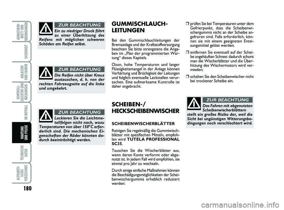 FIAT PUNTO 2017  Betriebsanleitung (in German) 180
TECHNISCHEDATEN
ALPHABETI-SCHES
VERZEICHNIS
ARMATUREN- BRETT UND
BEDIENGUNGEN
SICHERHEIT
ANLASSEN
UND FAHREN
KONTROLL-
LEUCHTEN UND MELDUNGEN
IM NOTFALL
WA RT U N G
UND PFLEGE
SCHEIBEN-/
HECKSCHEI