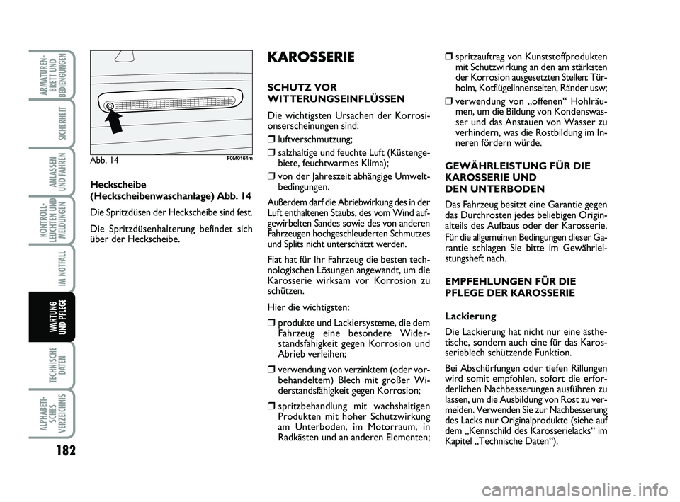 FIAT PUNTO 2015  Betriebsanleitung (in German) 182
TECHNISCHEDATEN
ALPHABETI-SCHES
VERZEICHNIS
ARMATUREN- BRETT UND
BEDIENGUNGEN
SICHERHEIT
ANLASSEN
UND FAHREN
KONTROLL-
LEUCHTEN UND MELDUNGEN
IM NOTFALL
WA RT U N G
UND PFLEGE
❒spritzauftrag von