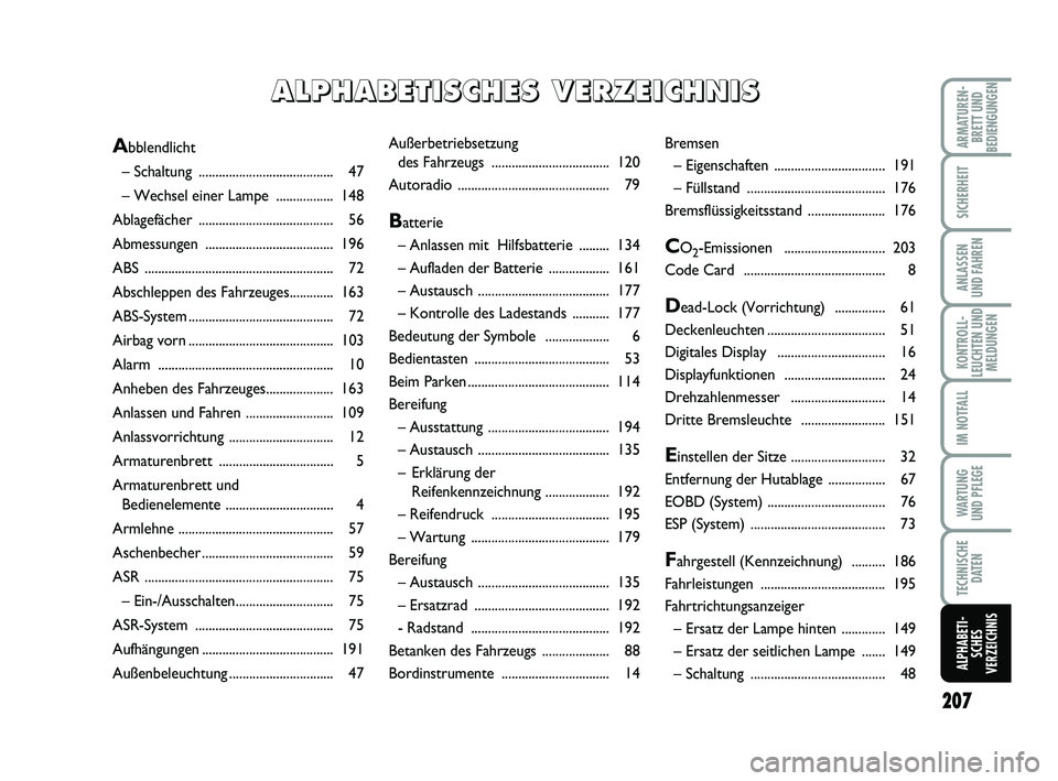 FIAT PUNTO 2021 Betriebsanleitung (in German) 207
ARMATUREN-BRETT UND
BEDIENGUNGEN
SICHERHEIT
ANLASSEN
UND FAHREN
KONTROLL-
LEUCHTEN UND MELDUNGEN
IM NOTFALL
WA RT U N G
UND PFLEGE
TECHNISCHE DATEN
ALPHABETI-SCHES
VERZEICHNIS
Außerbetriebsetzung FIAT PUNTO 2021 Betriebsanleitung (in German) 207
ARMATUREN-BRETT UND
BEDIENGUNGEN
SICHERHEIT
ANLASSEN
UND FAHREN
KONTROLL-
LEUCHTEN UND MELDUNGEN
IM NOTFALL
WA RT U N G
UND PFLEGE
TECHNISCHE DATEN
ALPHABETI-SCHES
VERZEICHNIS
Außerbetriebsetzung
