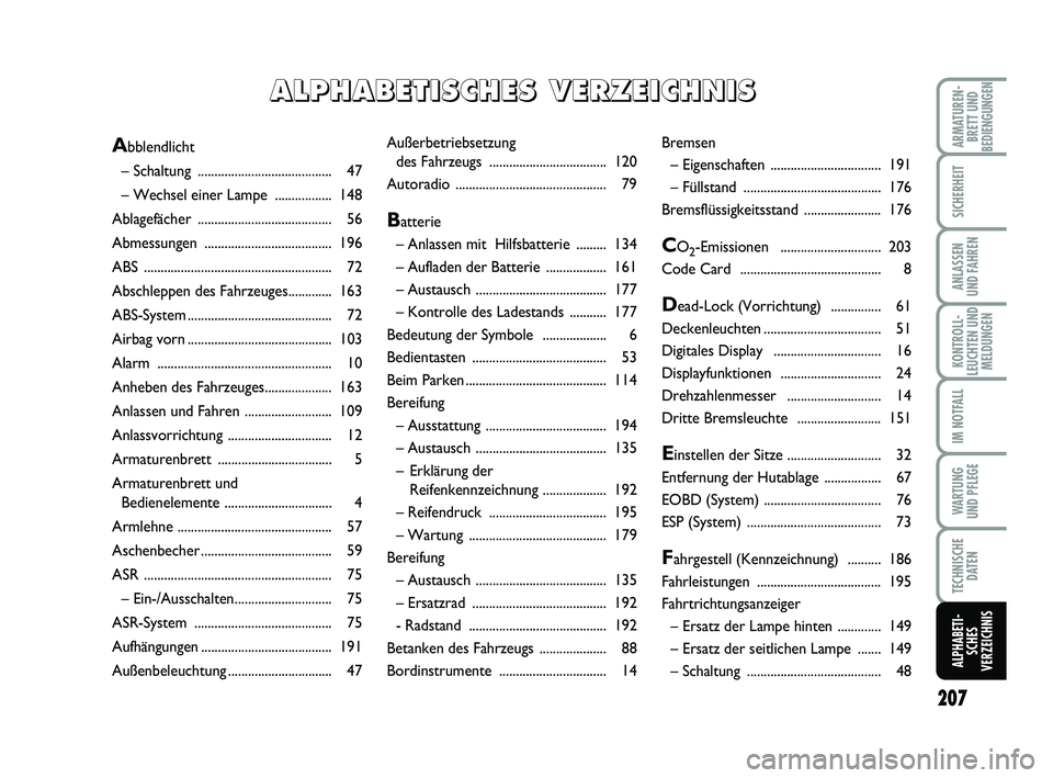 FIAT PUNTO 2015  Betriebsanleitung (in German) 207
ARMATUREN-BRETT UND
BEDIENGUNGEN
SICHERHEIT
ANLASSEN
UND FAHREN
KONTROLL-
LEUCHTEN UND MELDUNGEN
IM NOTFALL
WA RT U N G
UND PFLEGE
TECHNISCHE DATEN
ALPHABETI-SCHES
VERZEICHNIS
Außerbetriebsetzung