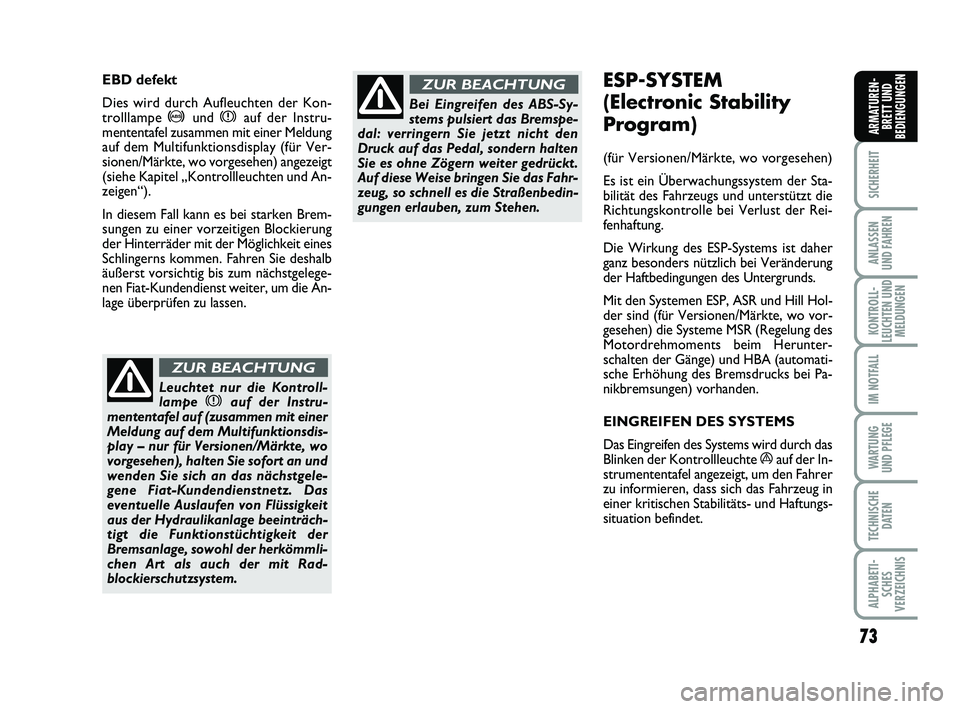 FIAT PUNTO 2016  Betriebsanleitung (in German) 73
SICHERHEIT
ANLASSEN
UND FAHREN
KONTROLL-
LEUCHTEN UND MELDUNGEN
IM NOTFALL
WA RT U N G
UND PFLEGE
TECHNISCHE DATEN
ALPHABETI-SCHES
VERZEICHNIS
ARMATUREN- BRETT UND
BEDIENGUNGEN
ESP-SYSTEM 
(Electro