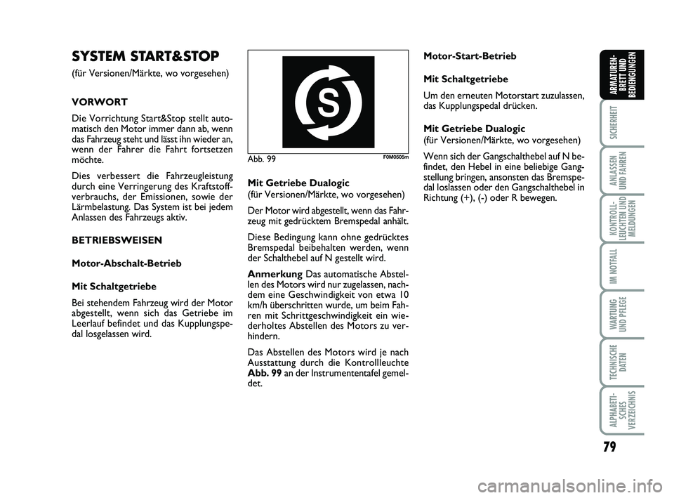 FIAT PUNTO 2017  Betriebsanleitung (in German) 79
SICHERHEIT
ANLASSEN
UND FAHREN
KONTROLL-
LEUCHTEN UND MELDUNGEN
IM NOTFALL
WA RT U N G
UND PFLEGE
TECHNISCHE DATEN
ALPHABETI-SCHES
VERZEICHNIS
ARMATUREN- BRETT UND
BEDIENGUNGEN
Abb. 99F0M0505m
SYST