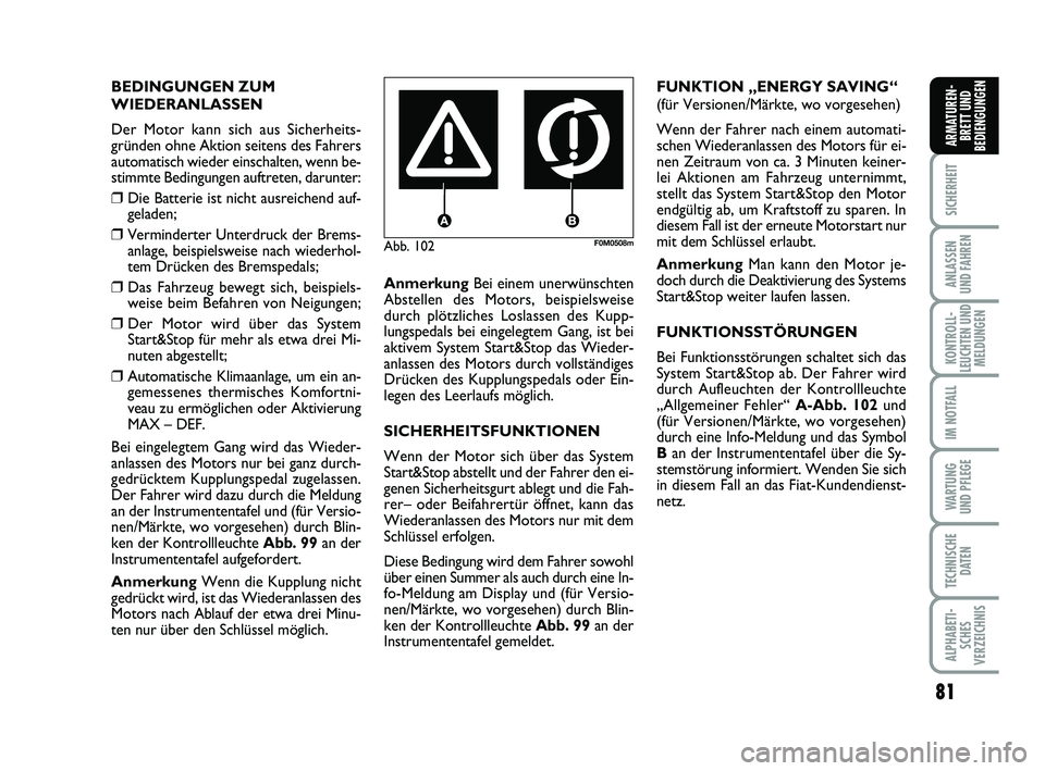 FIAT PUNTO 2017  Betriebsanleitung (in German) 81
SICHERHEIT
ANLASSEN
UND FAHREN
KONTROLL-
LEUCHTEN UND MELDUNGEN
IM NOTFALL
WA RT U N G
UND PFLEGE
TECHNISCHE DATEN
ALPHABETI-SCHES
VERZEICHNIS
ARMATUREN- BRETT UND
BEDIENGUNGEN
Abb. 102F0M0508m
BED