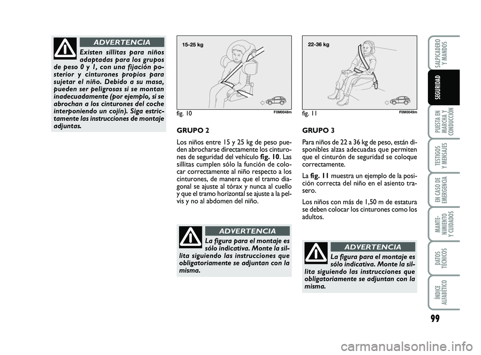 FIAT PUNTO 2011  Manual de Empleo y Cuidado (in Spanish) 99
PUESTA EN
MARCHA Y
CONDUCCIÓN
TESTIGOS
Y MENSAJES
EN CASO DE
EMERGENCIA
MANTE-
NIMIENTO
Y CUIDADOS
DATOS
TÉCNICOS
ÍNDICE
ALFABÉTICO
SALPICADERO Y MANDOS
SEGURIDAD
fig. 10F0M0048m
GRUPO 2
Los ni