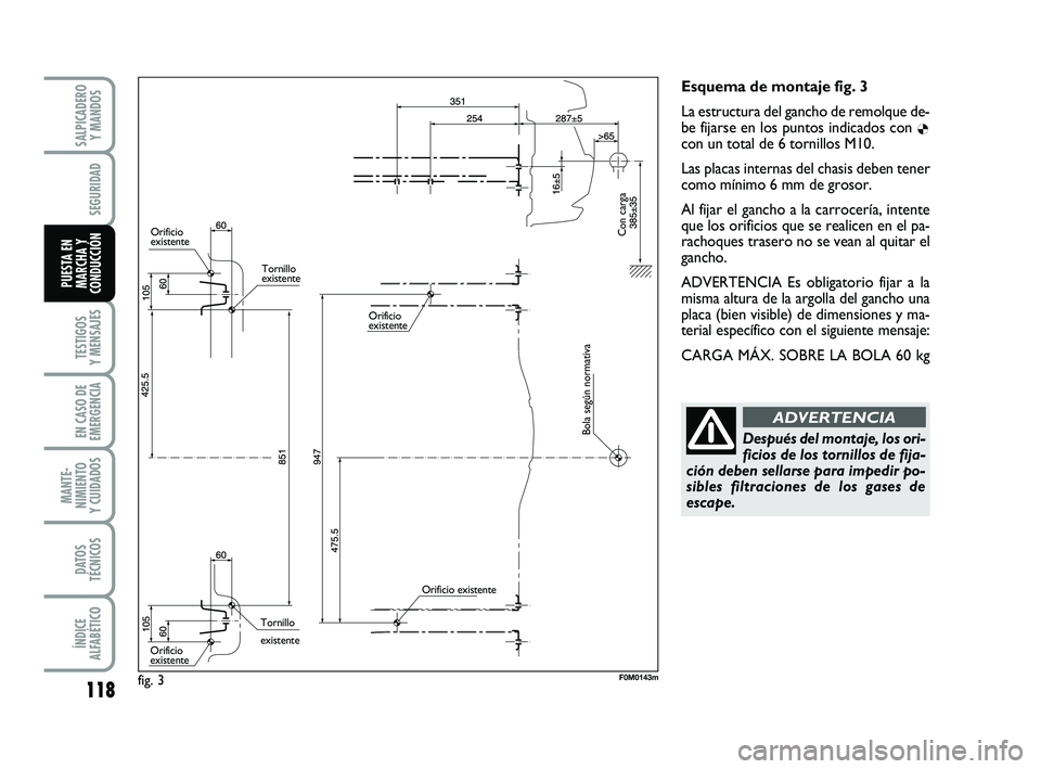 FIAT PUNTO 2011 Manual de Empleo y Cuidado (in Spanish) 118
TESTIGOS
Y MENSAJES
EN CASO DE
EMERGENCIA
MANTE-
NIMIENTO
Y CUIDADOS
DATOS
TÉCNICOS
ÍNDICE
ALFABÉTICO
SALPICADERO Y MANDOS
SEGURIDAD
PUESTA EN
MARCHA Y
CONDUCCIÓN
Esquema de montaje fig. 3
La FIAT PUNTO 2011 Manual de Empleo y Cuidado (in Spanish) 118
TESTIGOS
Y MENSAJES
EN CASO DE
EMERGENCIA
MANTE-
NIMIENTO
Y CUIDADOS
DATOS
TÉCNICOS
ÍNDICE
ALFABÉTICO
SALPICADERO Y MANDOS
SEGURIDAD
PUESTA EN
MARCHA Y
CONDUCCIÓN
Esquema de montaje fig. 3
La