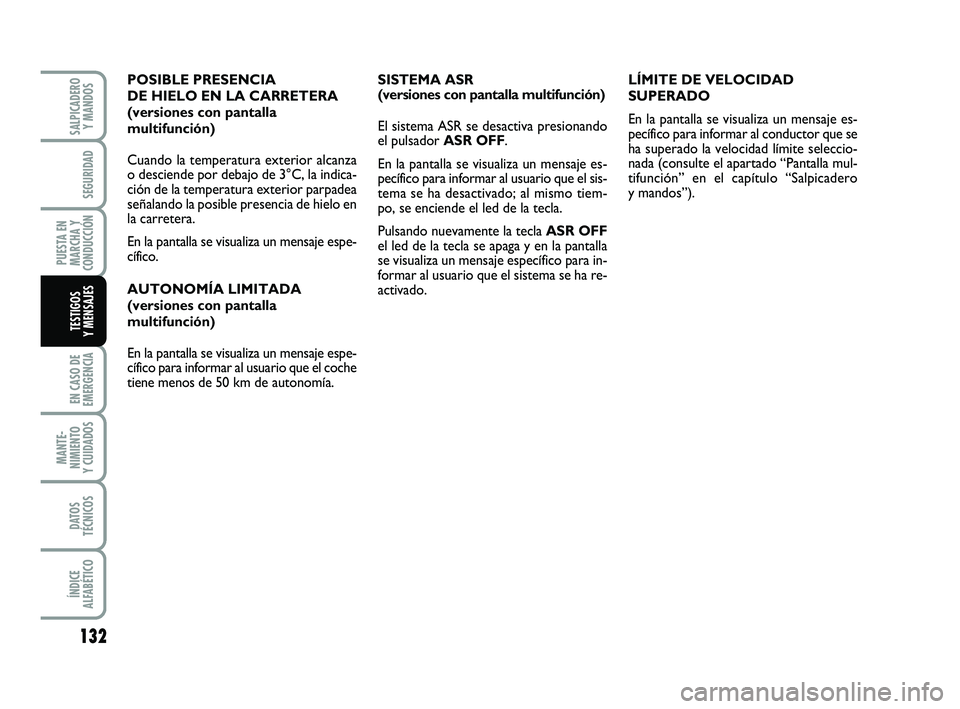 FIAT PUNTO 2011  Manual de Empleo y Cuidado (in Spanish) 132
EN CASO DE
EMERGENCIA
MANTE-
NIMIENTO
Y CUIDADOS
DATOS
TÉCNICOS
ÍNDICE
ALFABÉTICO
SALPICADERO Y MANDOS
SEGURIDAD
PUESTA EN
MARCHA Y
CONDUCCIÓN
TESTIGOS
Y MENSAJES
SISTEMA ASR
(versiones con pa