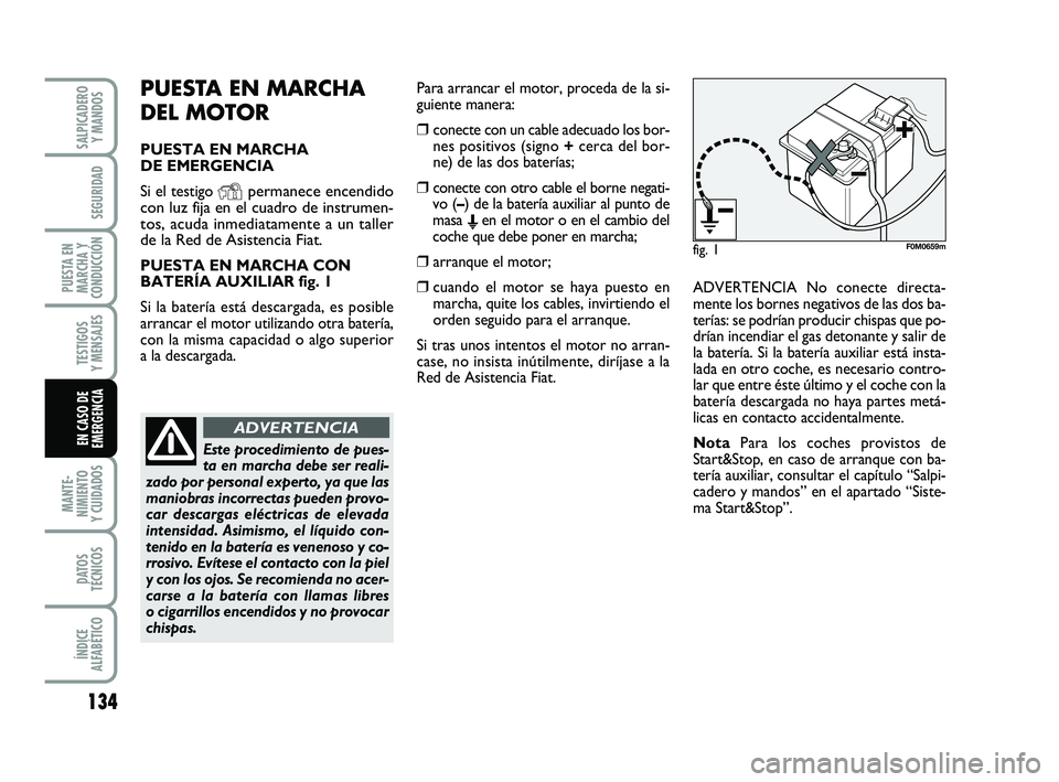 FIAT PUNTO 2011  Manual de Empleo y Cuidado (in Spanish) 134
MANTE-
NIMIENTO
Y CUIDADOS
DATOS
TÉCNICOS
ÍNDICE
ALFABÉTICO
SALPICADERO Y MANDOS
SEGURIDAD
PUESTA EN
MARCHA Y
CONDUCCIÓN
TESTIGOS
Y MENSAJES
EN CASO DE
EMERGENCIA
PUESTA EN MARCHA 
DEL MOTOR
P