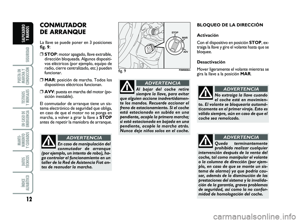 FIAT PUNTO 2013  Manual de Empleo y Cuidado (in Spanish) 12
SEGURIDAD
PUESTA EN
MARCHA Y
CONDUCCIÓN
TESTIGOS
Y MENSAJES
EN CASO DE
EMERGENCIA
MANTE-
NIMIENTO
Y CUIDADOS
DATOS
TÉCNICOS
ÍNDICE
ALFABÉTICO
SALPICADERO Y MANDOS
CONMUTADOR 
DE ARRANQUE
La lla