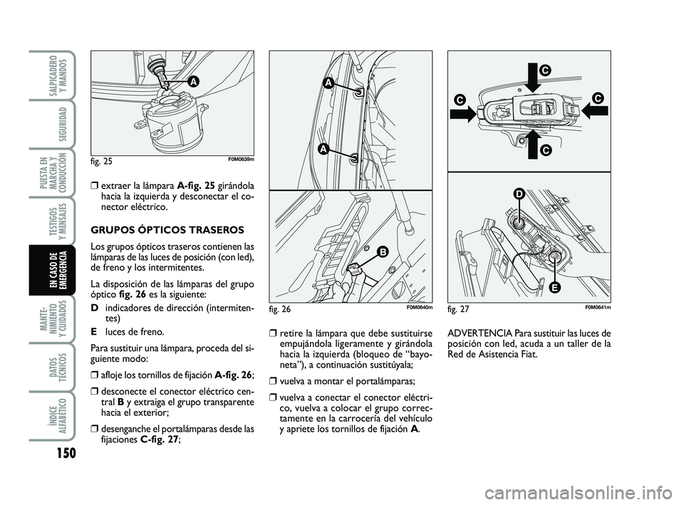 FIAT PUNTO 2011  Manual de Empleo y Cuidado (in Spanish) 150
MANTE-
NIMIENTO
Y CUIDADOS
DATOS
TÉCNICOS
ÍNDICE
ALFABÉTICO
SALPICADERO Y MANDOS
SEGURIDAD
PUESTA EN
MARCHA Y
CONDUCCIÓN
TESTIGOS
Y MENSAJES
EN CASO DE
EMERGENCIA
fig. 25
A
F0M0639m
fig. 26F0M