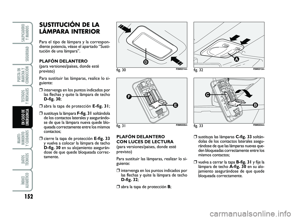 FIAT PUNTO 2011  Manual de Empleo y Cuidado (in Spanish) 152
MANTE-
NIMIENTO
Y CUIDADOS
DATOS
TÉCNICOS
ÍNDICE
ALFABÉTICO
SALPICADERO Y MANDOS
SEGURIDAD
PUESTA EN
MARCHA Y
CONDUCCIÓN
TESTIGOS
Y MENSAJES
EN CASO DE
EMERGENCIA
SUSTITUCIÓN DE LA
LÁMPARA I