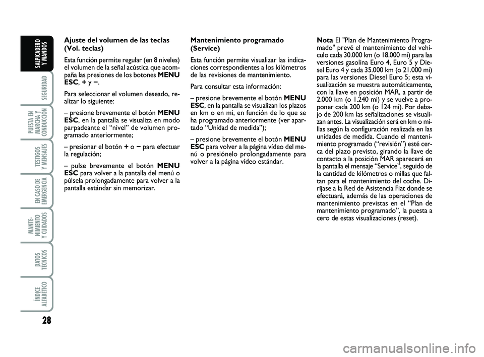 FIAT PUNTO 2011 Manual de Empleo y Cuidado (in Spanish) 28
SEGURIDAD
PUESTA EN
MARCHA Y
CONDUCCIÓN
TESTIGOS
Y MENSAJES
EN CASO DE
EMERGENCIA
MANTE-
NIMIENTO
Y CUIDADOS
DATOS
TÉCNICOS
ÍNDICE
ALFABÉTICO
SALPICADERO Y MANDOS
Ajuste del volumen de las tecl FIAT PUNTO 2011 Manual de Empleo y Cuidado (in Spanish) 28
SEGURIDAD
PUESTA EN
MARCHA Y
CONDUCCIÓN
TESTIGOS
Y MENSAJES
EN CASO DE
EMERGENCIA
MANTE-
NIMIENTO
Y CUIDADOS
DATOS
TÉCNICOS
ÍNDICE
ALFABÉTICO
SALPICADERO Y MANDOS
Ajuste del volumen de las tecl