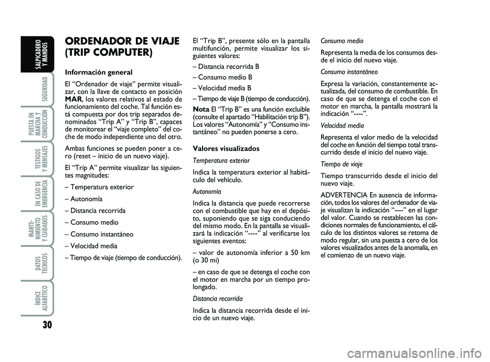 FIAT PUNTO 2011 Manual de Empleo y Cuidado (in Spanish) 30
SEGURIDAD
PUESTA EN
MARCHA Y
CONDUCCIÓN
TESTIGOS
Y MENSAJES
EN CASO DE
EMERGENCIA
MANTE-
NIMIENTO
Y CUIDADOS
DATOS
TÉCNICOS
ÍNDICE
ALFABÉTICO
SALPICADERO Y MANDOS
ORDENADOR DE VIAJE
(TRIP COMPU FIAT PUNTO 2011 Manual de Empleo y Cuidado (in Spanish) 30
SEGURIDAD
PUESTA EN
MARCHA Y
CONDUCCIÓN
TESTIGOS
Y MENSAJES
EN CASO DE
EMERGENCIA
MANTE-
NIMIENTO
Y CUIDADOS
DATOS
TÉCNICOS
ÍNDICE
ALFABÉTICO
SALPICADERO Y MANDOS
ORDENADOR DE VIAJE
(TRIP COMPU