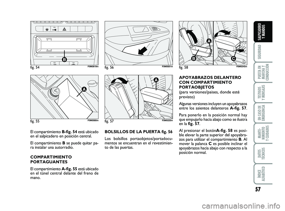 FIAT PUNTO 2013  Manual de Empleo y Cuidado (in Spanish) 57
SEGURIDAD
PUESTA EN
MARCHA Y
CONDUCCIÓN
TESTIGOS
Y MENSAJES
EN CASO DE
EMERGENCIA
MANTE-
NIMIENTO
Y CUIDADOS
DATOS
TÉCNICOS
ÍNDICE
ALFABÉTICO
SALPICADERO Y MANDOS
BOLSILLOS DE LA PUERTA fig. 56