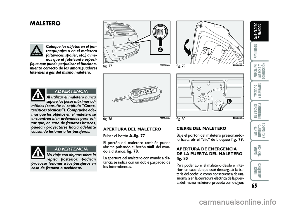 FIAT PUNTO 2011  Manual de Empleo y Cuidado (in Spanish) 65
SEGURIDAD
PUESTA EN
MARCHA Y
CONDUCCIÓN
TESTIGOS
Y MENSAJES
EN CASO DE
EMERGENCIA
MANTE-
NIMIENTO
Y CUIDADOS
DATOS
TÉCNICOS
ÍNDICE
ALFABÉTICO
SALPICADERO Y MANDOS
fig. 80F0M0095m
MALETERO
APERT
