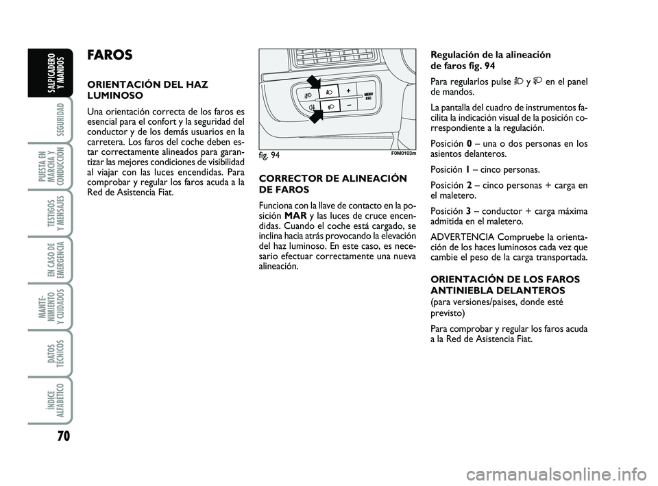 FIAT PUNTO 2011  Manual de Empleo y Cuidado (in Spanish) 70
SEGURIDAD
PUESTA EN
MARCHA Y
CONDUCCIÓN
TESTIGOS
Y MENSAJES
EN CASO DE
EMERGENCIA
MANTE-
NIMIENTO
Y CUIDADOS
DATOS
TÉCNICOS
ÍNDICE
ALFABÉTICO
SALPICADERO Y MANDOS
FA R O S
ORIENTACIÓN DEL HAZ
