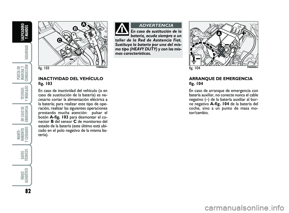 FIAT PUNTO 2011 Manual de Empleo y Cuidado (in Spanish) 82
SEGURIDAD
PUESTA EN
MARCHA Y
CONDUCCIÓN
TESTIGOS
Y MENSAJES
EN CASO DE
EMERGENCIA
MANTE-
NIMIENTO
Y CUIDADOS
DATOS
TÉCNICOS
ÍNDICE
ALFABÉTICO
SALPICADERO Y MANDOS
INACTIVIDAD DEL VEHÍCULO
fig. FIAT PUNTO 2011 Manual de Empleo y Cuidado (in Spanish) 82
SEGURIDAD
PUESTA EN
MARCHA Y
CONDUCCIÓN
TESTIGOS
Y MENSAJES
EN CASO DE
EMERGENCIA
MANTE-
NIMIENTO
Y CUIDADOS
DATOS
TÉCNICOS
ÍNDICE
ALFABÉTICO
SALPICADERO Y MANDOS
INACTIVIDAD DEL VEHÍCULO
fig.