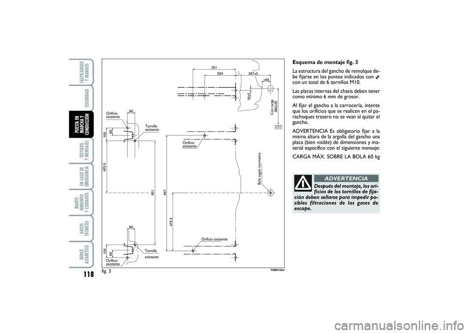 FIAT PUNTO 2014  Manual de Empleo y Cuidado (in Spanish) 118TESTIGOS
Y MENSAJESEN CASO DE
EMERGENCIAMANTE-
NIMIENTO
Y CUIDADOSDATOS
TÉCNICOSÍNDICE
ALFABÉTICOSALPICADERO
Y MANDOSSEGURIDAD
PUESTA EN
MARCHA Y
CONDUCCIÓN
Esquema de montaje fig. 3
La estruct