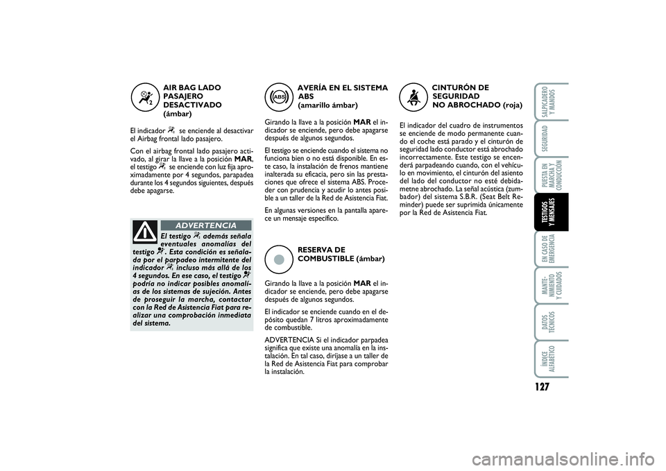FIAT PUNTO 2014  Manual de Empleo y Cuidado (in Spanish) 127
EN CASO DE
EMERGENCIAMANTE-
NIMIENTO
Y CUIDADOSDATOS
TÉCNICOSÍNDICE
ALFABÉTICOSALPICADERO
Y MANDOSSEGURIDADPUESTA EN
MARCHA Y
CONDUCCIÓNTESTIGOS
Y MENSAJES
ç
RESERVA DE
COMBUSTIBLE (ámbar)
G