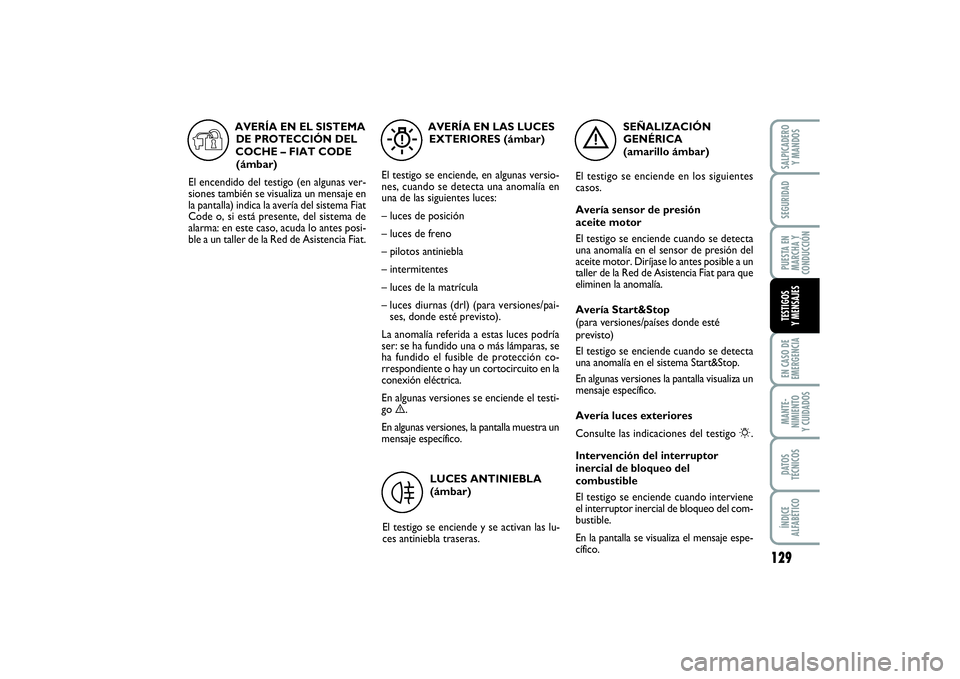 FIAT PUNTO 2014  Manual de Empleo y Cuidado (in Spanish) 129
EN CASO DE
EMERGENCIAMANTE-
NIMIENTO
Y CUIDADOSDATOS
TÉCNICOSÍNDICE
ALFABÉTICOSALPICADERO
Y MANDOSSEGURIDADPUESTA EN
MARCHA Y
CONDUCCIÓNTESTIGOS
Y MENSAJES
SEÑALIZACIÓN
GENÉRICA
(amarillo 