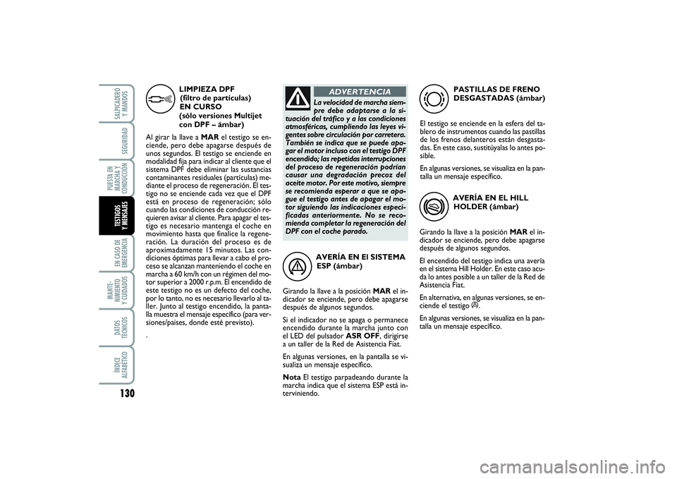 FIAT PUNTO 2014  Manual de Empleo y Cuidado (in Spanish) 130EN CASO DE
EMERGENCIAMANTE-
NIMIENTO
Y CUIDADOSDATOS
TÉCNICOSÍNDICE
ALFABÉTICOSALPICADERO
Y MANDOSSEGURIDAD
PUESTA EN
MARCHA Y
CONDUCCIÓNTESTIGOS
Y MENSAJES
AVERÍA EN El SISTEMA
ESP (ámbar)
G