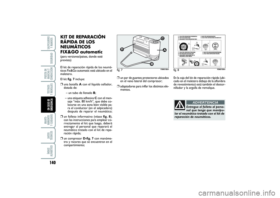 FIAT PUNTO 2014  Manual de Empleo y Cuidado (in Spanish) 140MANTE-
NIMIENTO
Y CUIDADOSDATOS
TÉCNICOSÍNDICE
ALFABÉTICOSALPICADERO
Y MANDOSSEGURIDAD
PUESTA EN
MARCHA Y
CONDUCCIÓNTESTIGOS
Y MENSAJESEN CASO DE
EMERGENCIA
KIT DE REPARACIÓN
RÁPIDA DE LOS
NE