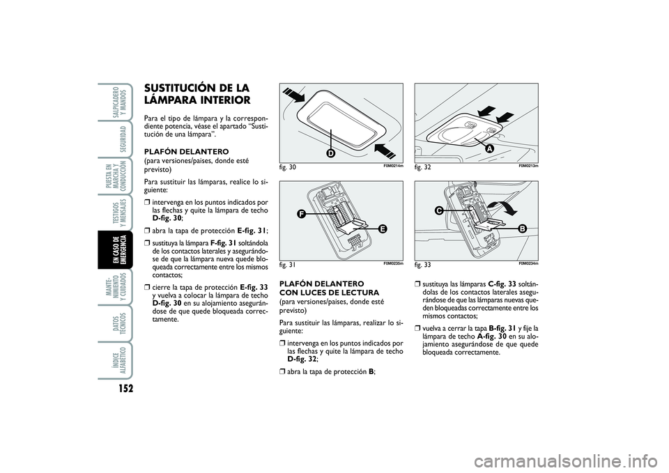 FIAT PUNTO 2014  Manual de Empleo y Cuidado (in Spanish) 152MANTE-
NIMIENTO
Y CUIDADOSDATOS
TÉCNICOSÍNDICE
ALFABÉTICOSALPICADERO
Y MANDOSSEGURIDAD
PUESTA EN
MARCHA Y
CONDUCCIÓNTESTIGOS
Y MENSAJESEN CASO DE
EMERGENCIA
SUSTITUCIÓN DE LA
LÁMPARA INTERIOR