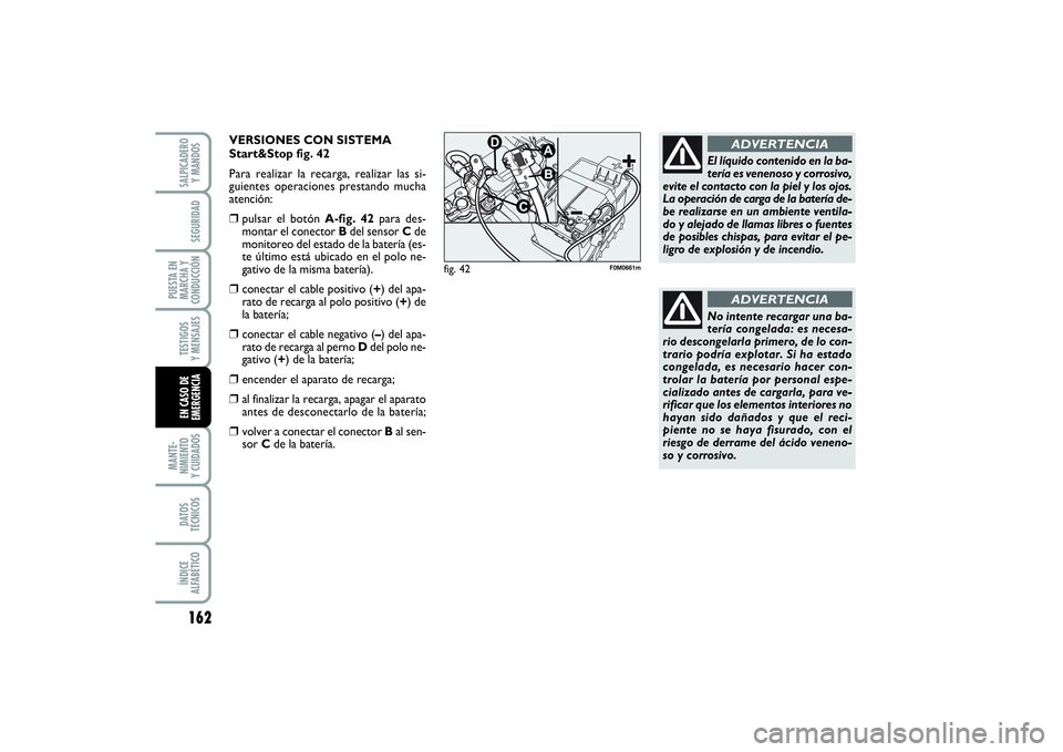 FIAT PUNTO 2014  Manual de Empleo y Cuidado (in Spanish) 162MANTE-
NIMIENTO
Y CUIDADOSDATOS
TÉCNICOSÍNDICE
ALFABÉTICOSALPICADERO
Y MANDOSSEGURIDAD
PUESTA EN
MARCHA Y
CONDUCCIÓNTESTIGOS
Y MENSAJESEN CASO DE
EMERGENCIA
No intente recargar una ba-
tería c