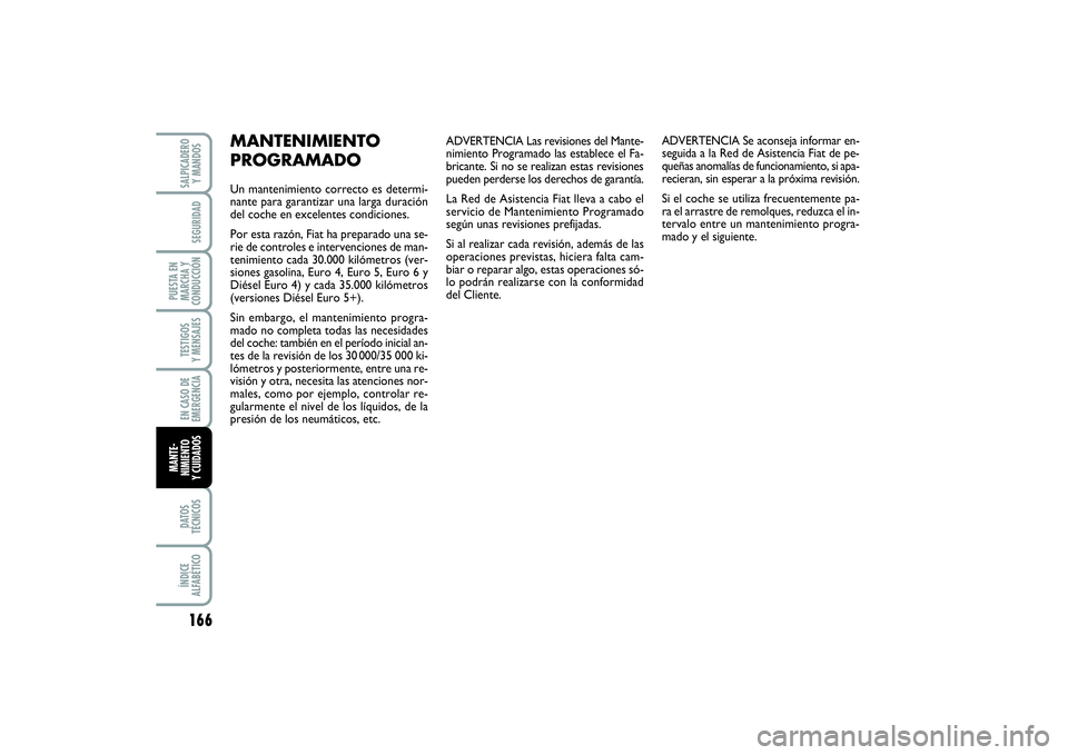 FIAT PUNTO 2014  Manual de Empleo y Cuidado (in Spanish) 166DATOS
TÉCNICOSÍNDICE
ALFABÉTICOSALPICADERO
Y MANDOSSEGURIDAD
PUESTA EN
MARCHA Y
CONDUCCIÓNTESTIGOS
Y MENSAJESEN CASO DE
EMERGENCIAMANTE-
NIMIENTO
Y CUIDADOS
ADVERTENCIA Las revisiones del Mante
