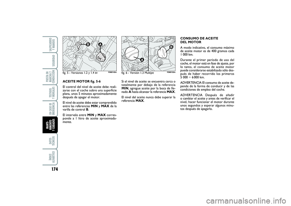 FIAT PUNTO 2014  Manual de Empleo y Cuidado (in Spanish) 174DATOS
TÉCNICOSÍNDICE
ALFABÉTICOSALPICADERO
Y MANDOSSEGURIDAD
PUESTA EN
MARCHA Y
CONDUCCIÓNTESTIGOS
Y MENSAJESEN CASO DE
EMERGENCIAMANTE-
NIMIENTO
Y CUIDADOS
Si el nivel de aceite se encuentra c